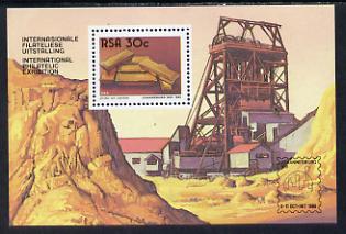 South Africa 1986 'Johannesburg 100' Stamp Exhibition m/sheet unmounted mint, containing SG 607, stamps on , stamps on  stamps on industry, stamps on  stamps on minerals, stamps on  stamps on postal, stamps on  stamps on stamp exhibitions  , stamps on  stamps on , stamps on  stamps on mining, stamps on  stamps on  