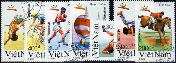 Vietnam 1991 Barcelona Olympic Games complete perf set of 7 fine cto used, SG 1536-42*, stamps on , stamps on  stamps on olympics      yachting     boxing    bicycles     high jump    horses   show-jumping     wrestling    judo, stamps on  stamps on martial arts