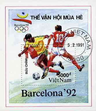 Vietnam 1991 Barcelona Olympic Games perf m/sheet (Football) fine cto used, SG MS 1543, stamps on , stamps on  stamps on olympics      football, stamps on  stamps on sport