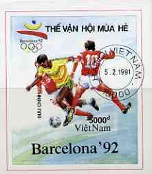 Vietnam 1991 Barcelona Olympic Games imperf m/sheet (Football) fine cto used (from limited printing) as SG MS 1543, stamps on , stamps on  stamps on olympics      football, stamps on  stamps on sport