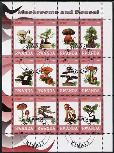 Rwanda 2009 Mushrooms and Bonsai perf sheetlet containing 12 values cto used , stamps on fungi, stamps on plants, stamps on bonsai, stamps on trees