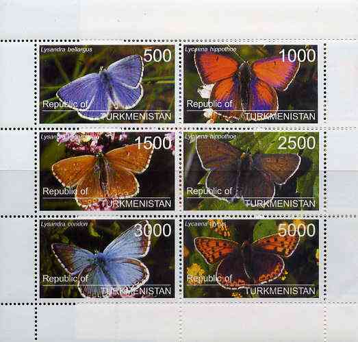 Turkmenistan 1998 Butterflies perf sheetlet containing complete set of 6 values unmounted mint, stamps on , stamps on  stamps on butterflies