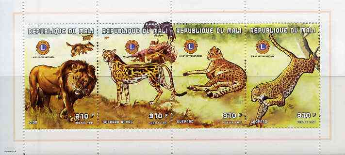 Mali 1997 Wild Animals perf sheetlet #1 containing complete set of 4 values each with Lions international logo unmounted mint, stamps on , stamps on  stamps on animals     cats     lions int