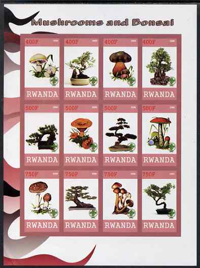 Rwanda 2009 Mushrooms and Bonsai imperf sheetlet containing 12 values unmounted mint, stamps on , stamps on  stamps on fungi, stamps on  stamps on plants, stamps on  stamps on bonsai, stamps on  stamps on trees