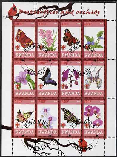 Rwanda 2009 Butterflies and Orchids perf sheetlet containing 12 values cto used , stamps on , stamps on  stamps on butterflies, stamps on  stamps on flowers, stamps on  stamps on orchids