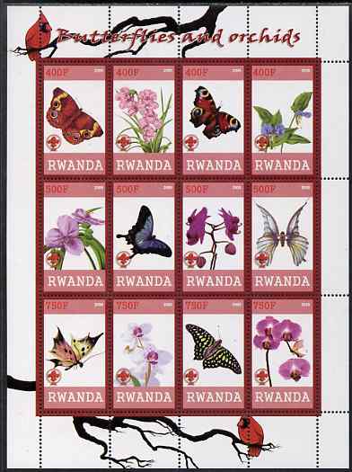 Rwanda 2009 Butterflies and Orchids perf sheetlet containing 12 values unmounted mint, stamps on butterflies, stamps on flowers, stamps on orchids