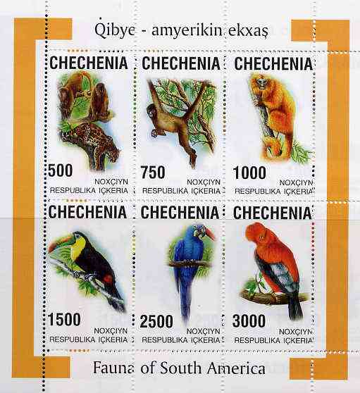 Chechenia 1998 South American Fauna sheetlet containing complete set of 6 values unmounted mint