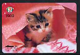 Telephone Card - Japan 7-11 1000 phone card showing Kitten in pink paper bag, stamps on cats