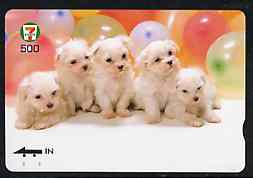 Telephone Card - Japan 7-11 500 phone card showing Five Puppies with Balloons, stamps on dogs