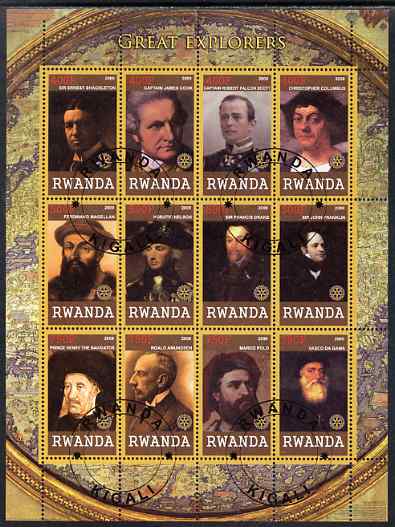 Rwanda 2009 Great Explorers perf sheetlet containing 12 values cto used each with Rotary Logos (Shackleton, Cook, Columbus, Scott, Vasco da Gama, Marco Polo, Nelson, Drake, etc), stamps on , stamps on  stamps on personalities, stamps on  stamps on explorers, stamps on  stamps on rotary, stamps on  stamps on shackleton, stamps on  stamps on cook, stamps on  stamps on scott, stamps on  stamps on columbus, stamps on  stamps on magellan, stamps on  stamps on nelson, stamps on  stamps on drake, stamps on  stamps on franklin, stamps on  stamps on amundsen, stamps on  stamps on marco, stamps on  stamps on polo, stamps on  stamps on vasco da gama