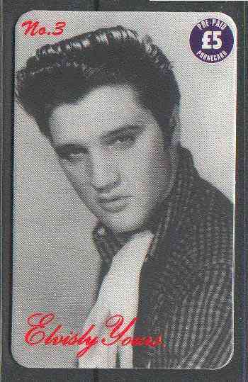 Telephone Card - Elvisly Yours No.3 - £5 Limited Edition phone card showing black & white portrait of Elvis, stamps on elvis      pops     films     cinema   entertainments    music