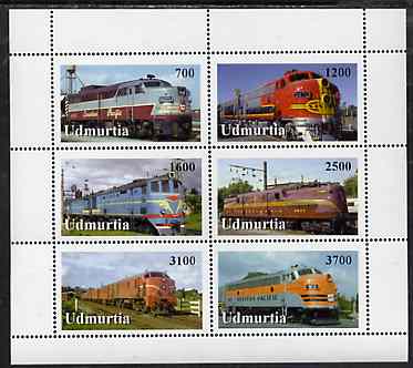 Udmurtia Republic 1998 Diesel & Electric Locos perf sheetlet containing complete set of 6 values unmounted mint, stamps on railways