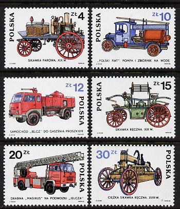 Poland 1985 Fire Engines set of 6 unmounted mint, SG 2976-81, stamps on , stamps on  stamps on fire, stamps on  stamps on transport, stamps on  stamps on rescue