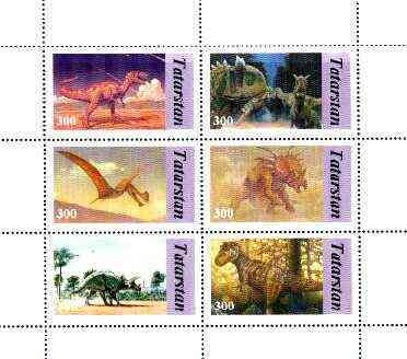 Tatarstan Republic 1998 Dinosaurs perf sheetlet containing complete set of 6 values unmounted mint , stamps on dinosaurs