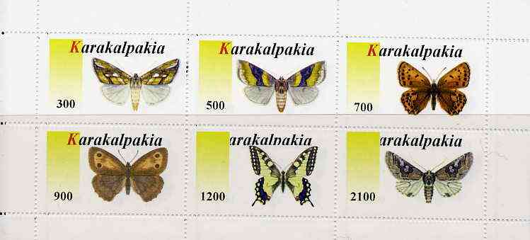 Karakalpakia Republic 1998 Butterflies #2 perf sheetlet containing complete set of 6 values unmounted mint, stamps on , stamps on  stamps on butterflies