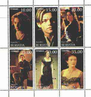Buriatia Republic 1998 Stars from the film 'Titanic' perf sheetlet containing complete set of 6 values unmounted mint, stamps on films, stamps on cinema, stamps on entertainments, stamps on ships, stamps on titanic, stamps on disasters, stamps on shipwrecks