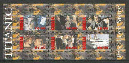 Karelia Republic 1998 Scenes from the film 'Titanic' perf sheetlet containing complete set of 6 values unmounted mint, stamps on films, stamps on cinema, stamps on entertainments, stamps on ships, stamps on titanic, stamps on disasters, stamps on shipwrecks