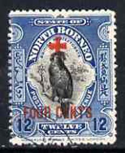 North Borneo 1918 Red Cross surcharge 12c + 4c Palm Cockatoo fine cds used, SG 243, stamps on red cross     birds