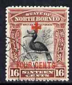 North Borneo 1918 Red Cross surcharge 16c + 4c Hornbill fine cds used, SG 244, stamps on red cross     birds
