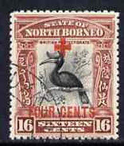 North Borneo 1918 Red Cross surcharge 16c + 4c Hornbill fine cds used, SG 244, stamps on , stamps on  stamps on red cross     birds