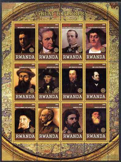 Rwanda 2009 Great Explorers perf sheetlet containing 12 values unmounted mint each with Rotary Logos (Shackleton, Cook, Columbus, Scott, Vasco da Gama, Marco Polo,Nelson, Drake, etc), stamps on , stamps on  stamps on personalities, stamps on  stamps on explorers, stamps on  stamps on rotary, stamps on  stamps on shackleton, stamps on  stamps on cook, stamps on  stamps on scott, stamps on  stamps on columbus, stamps on  stamps on magellan, stamps on  stamps on nelson, stamps on  stamps on drake, stamps on  stamps on franklin, stamps on  stamps on amundsen, stamps on  stamps on marco, stamps on  stamps on polo, stamps on  stamps on vasco da gama