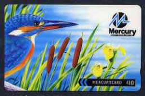 Telephone Card - Mercury 10 phone card showing Kingfisher & Iris, stamps on birds, stamps on kingfisher, stamps on iris