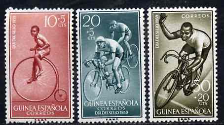 Spanish Guinea 1959 Colonial Stamp Day set of 3 Bicycles unmounted mint, SG 448-50*, stamps on bicycles
