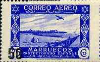 Spanish Morocco 1953 50c on 75c Airplane over Larache, surch type II unmounted mint, SG 399*, stamps on aviation