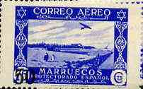 Spanish Morocco 1953 50c on 75c Airplane over Larache, surch type I unmounted mint, SG 398*, stamps on aviation