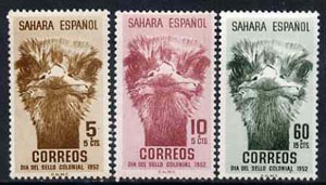 Spanish Sahara 1952 Colonial Stamp Day set of 3 (Head of Ostrich) unmounted mint SG 95-97*, stamps on , stamps on  stamps on ostriches, stamps on  stamps on birds