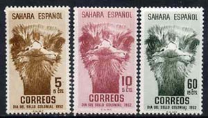 Spanish Sahara 1952 Colonial Stamp Day set of 3 (Head of Ostrich) unmounted mint SG 95-97*, stamps on ostriches, stamps on birds