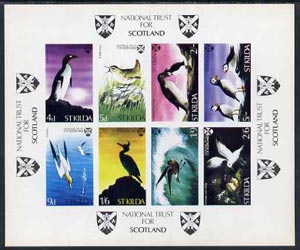 St Kilda 1968 Birds imperf m/sheet containing complete set of 8 (produced by National Trust for Scotland) unmounted mint, stamps on , stamps on  stamps on birds    auk    wren    gannets    shag   petrel    guillemot     kittiwake    puffin, stamps on  stamps on scots, stamps on  stamps on scotland