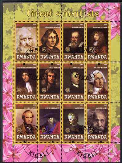 Rwanda 2009 Great Scientists perf sheetlet containing 12 values cto used each with Rotary Logos (da Vinci, Copernicus, Galileo, Newton, Darwin, Curie, Einstein, etc), stamps on personalities, stamps on einstein, stamps on science, stamps on physics, stamps on nobel, stamps on maths, stamps on space, stamps on judaica, stamps on atomics, stamps on leonardo, stamps on da vinci, stamps on copernicus, stamps on darwin, stamps on newton, stamps on 