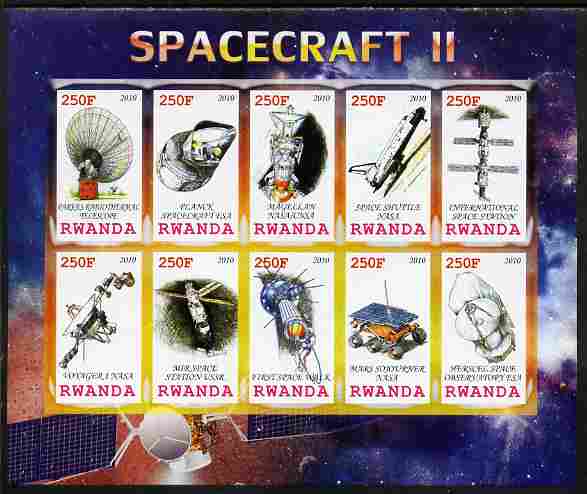 Rwanda 2010 Spacecraft #02 imperf sheetlet containing 10 values unmounted mint, stamps on , stamps on  stamps on space, stamps on  stamps on rockets