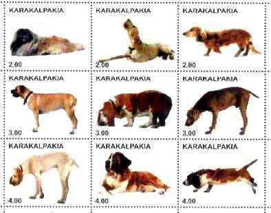 Karakalpakia Republic 2000 Dogs perf sheetlet containing set of 9 unmounted mint, stamps on , stamps on  stamps on dogs, stamps on pekenese, stamps on great dane, stamps on dachshund, stamps on mastiff, stamps on basset, stamps on weimaranar, stamps on st bernard