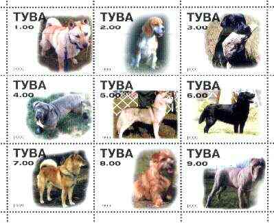 Touva 1999 Dogs #07 perf sheetlet containing set of 9 unmounted mint, stamps on , stamps on  stamps on dogs, stamps on beagle, stamps on labrador, stamps on  stamps on  gsd , stamps on  stamps on terrier, stamps on husky