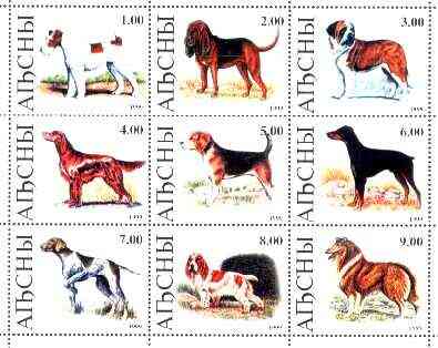 Abkhazia 1999 Dogs perf sheetlet containing set of 9, stamps on dogs, stamps on fox terrier, stamps on bloodhound, stamps on st bernard, stamps on setter, stamps on beagle, stamps on doberman, stamps on pointer, stamps on spaniel, stamps on collie