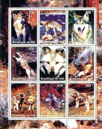 Mali 1998 Wolves perf sheetlet containing set of 9 unmounted mint, stamps on , stamps on  stamps on animals, stamps on  stamps on dogs, stamps on  stamps on wolves