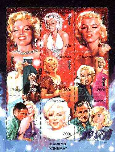 Mongolia 1995 Marilyn Monroe composite perf sheetlet containing 9 values unmounted mint, stamps on , stamps on  stamps on music, stamps on personalities, stamps on entertainments, stamps on films, stamps on cinema, stamps on marilyn monroe