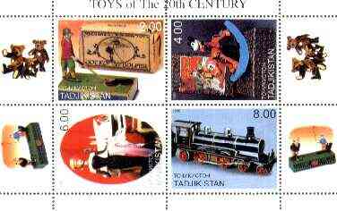 Tadjikistan 2000 Toys of the 20th Century perf sheetlet containing 4 vals (Jocko the golfer, Pluto, Train & Barbi Doll) unmounted mint, stamps on , stamps on  stamps on toys, stamps on golf, stamps on pluto, stamps on disney, stamps on railways, stamps on teddy bears, stamps on dolls, stamps on millennium