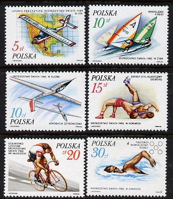 Poland 1986 World Successes set of 6 unmounted mint, SG 3054-59, stamps on bicycles   wrestling    aviation    swimming