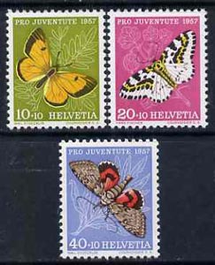 Switzerland 1957 Pro Juventute the 3 Butterfly values unmounted mint, SG J168-69 & 171*, stamps on butterflies