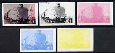 Turkmenistan 1998 World Records (120m LNER Mallard - fastest steam loco) set of 5 imperf progressive colour proofs comprising the 4 individual colours plus all 4-colour c..., stamps on railways