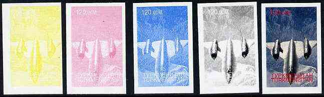 Turkmenistan 1998 World Records (120m USAF SR-71 - fastest Aircraft) set of 5 imperf progressive colour proofs comprising the 4 individual colours plus all 4-colour compo..., stamps on aviation