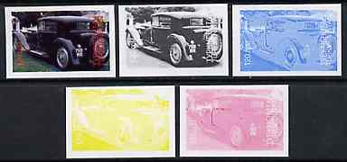 Turkmenistan 1998 World Records (120m Buggatti Royale - largest production car) set of 5 imperf progressive colour proofs comprising the 4 individual colours plus all 4-c..., stamps on cars, stamps on bugatti