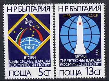 Bulgaria 1988 Soviet-Bulgarian Space Flight set of 2 unmounted mint, SG 3525-26, Mi 3665-66*, stamps on , stamps on  stamps on space