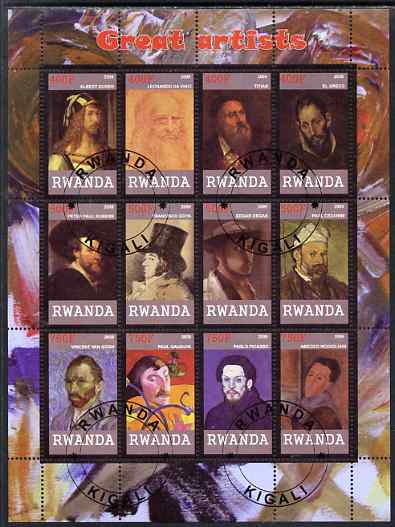 Rwanda 2009 Great Artists perf sheetlet containing 12 values cto used (Durer, Da Vinci, Titian, EL Greco, Rubens, Goya, Degas, Cezanne, Van Gogh, Gauguin, Picasso & Modigliani), stamps on personalities, stamps on arts, stamps on leonardo, stamps on goya, stamps on degas, stamps on da vinci, stamps on durer, stamps on titian, stamps on cezanne, stamps on el greco, stamps on rubens, stamps on gauguin, stamps on picasso