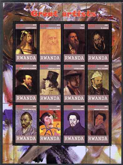 Rwanda 2009 Great Artists perf sheetlet containing 12 values unmounted mint (Durer, Da Vinci, Titian, EL Greco, Rubens, Goya, Degas, Cezanne, Van Gogh, Gauguin, Picasso & Modigliani), stamps on personalities, stamps on arts, stamps on leonardo, stamps on goya, stamps on degas, stamps on da vinci, stamps on durer, stamps on titian, stamps on cezanne, stamps on el greco, stamps on rubens, stamps on gauguin, stamps on picasso