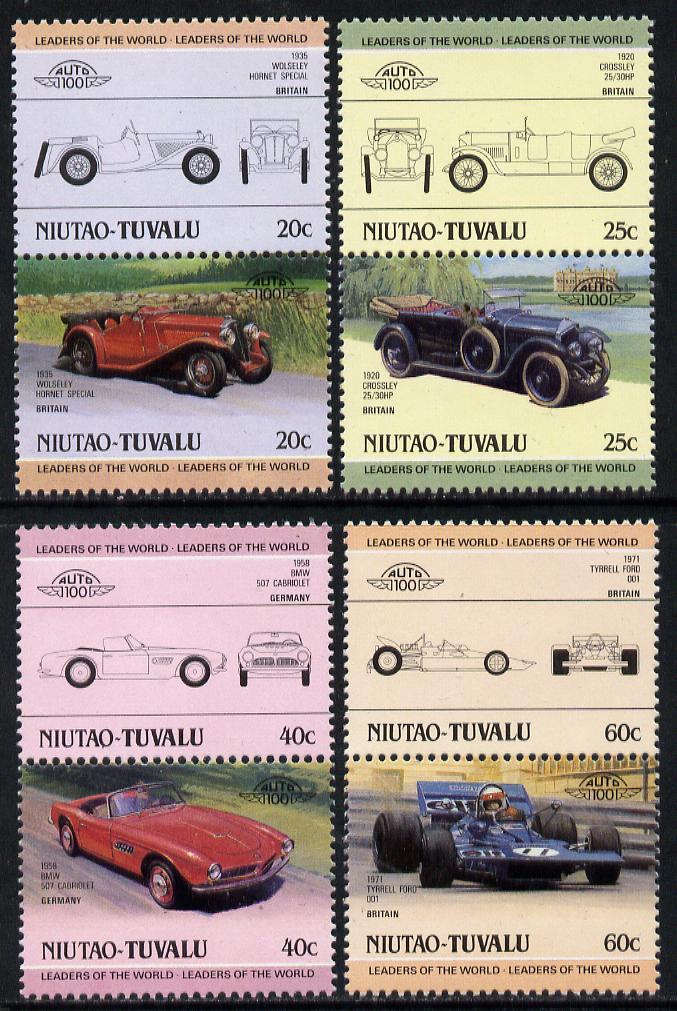 Tuvalu - Niutao 1985 Cars #2 (Leaders of the World) set of 8 unmounted mint, stamps on , stamps on  stamps on cars     tyrrell ford     bmw    crossley    wolseley