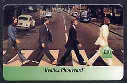 Telephone Card - Beatles £10 phone card #09 showing them on Zebra Crossing Abbey Road, stamps on beatles      pops      entertainments    music